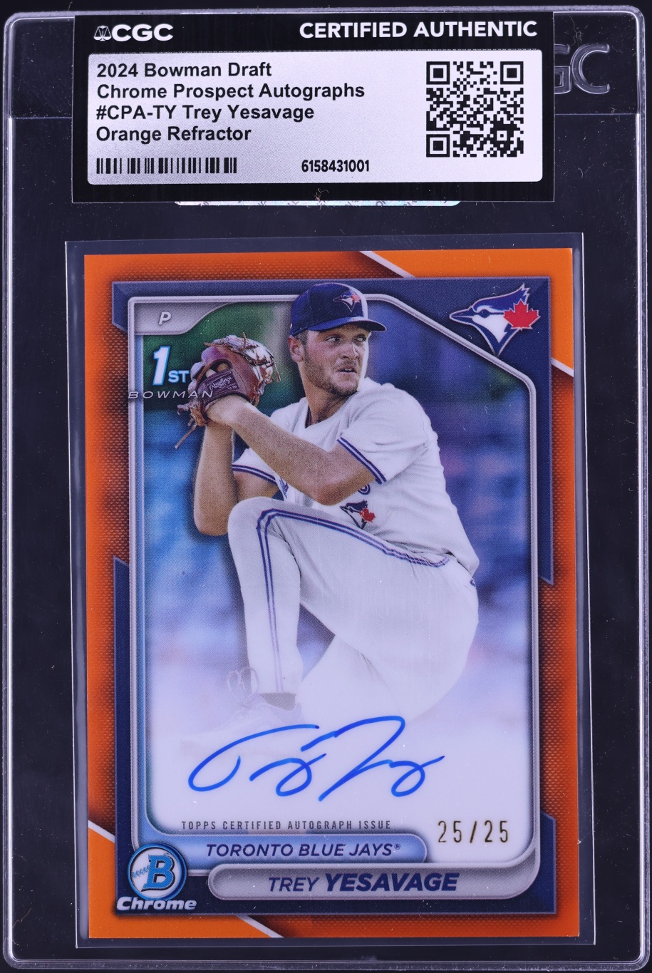 2024 Bowman Chrome Draft Orange Refractor Trey Yesavage PROSPECT AUTO 25/25 #CPA-TY CGC AUTH