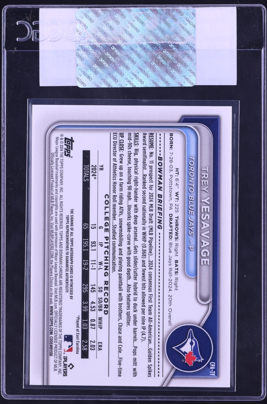2024 Bowman Chrome Draft Orange Refractor Trey Yesavage PROSPECT AUTO 25/25 #CPA-TY CGC AUTH