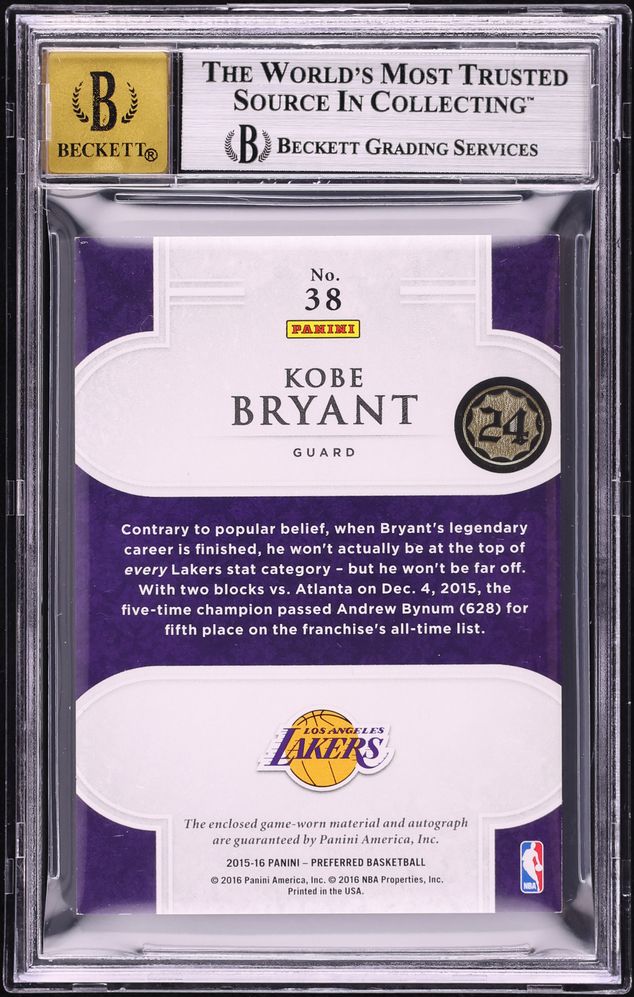 2015 Panini Preferred Silhouettes Prime Kobe Bryant PATCH AUTO /25 #38 BGS 9 MINT