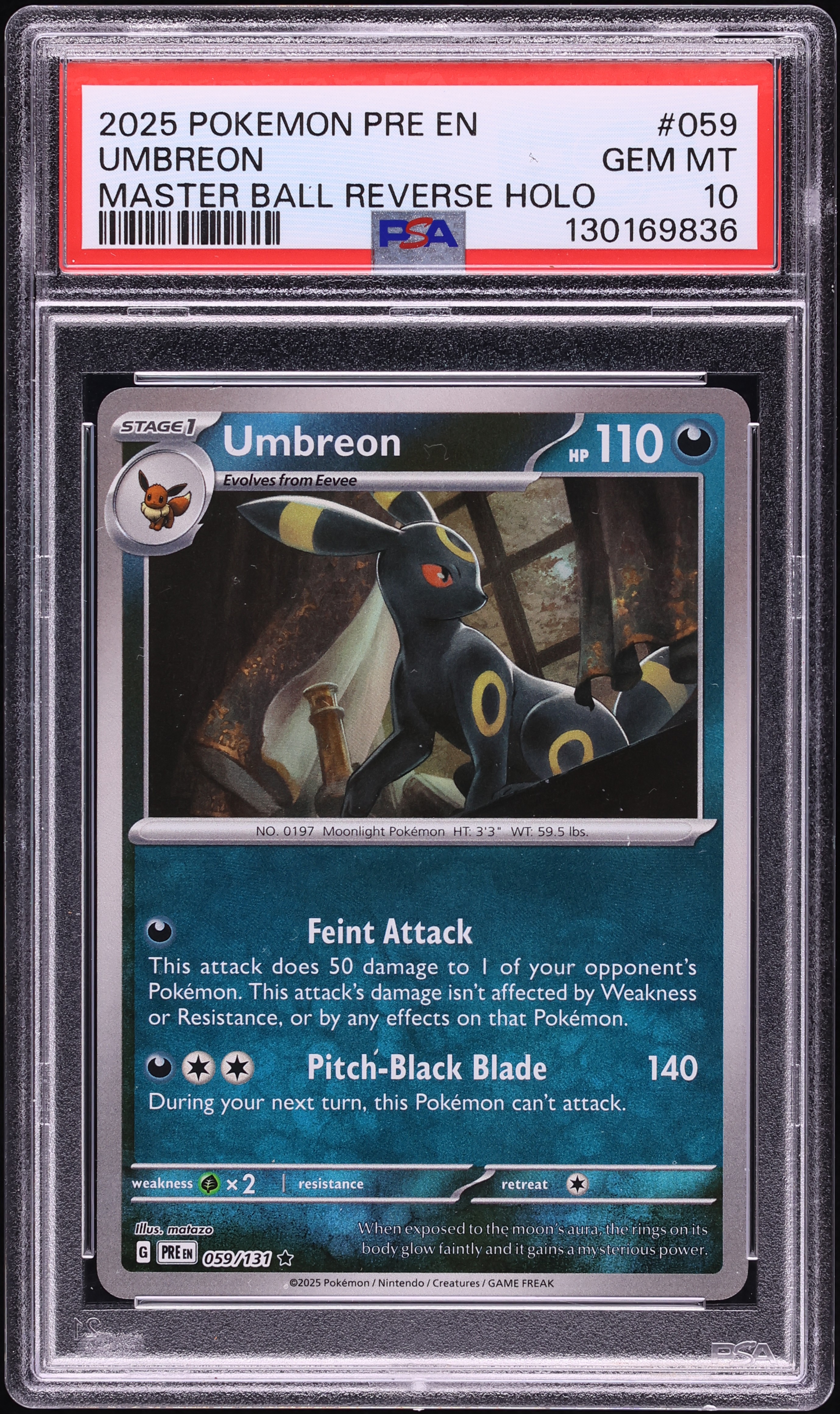 2025 Pokemon Scarlet & Violet Prismatic Evolutions Master Ball Reverse Holo Umbreon #59 PSA 10