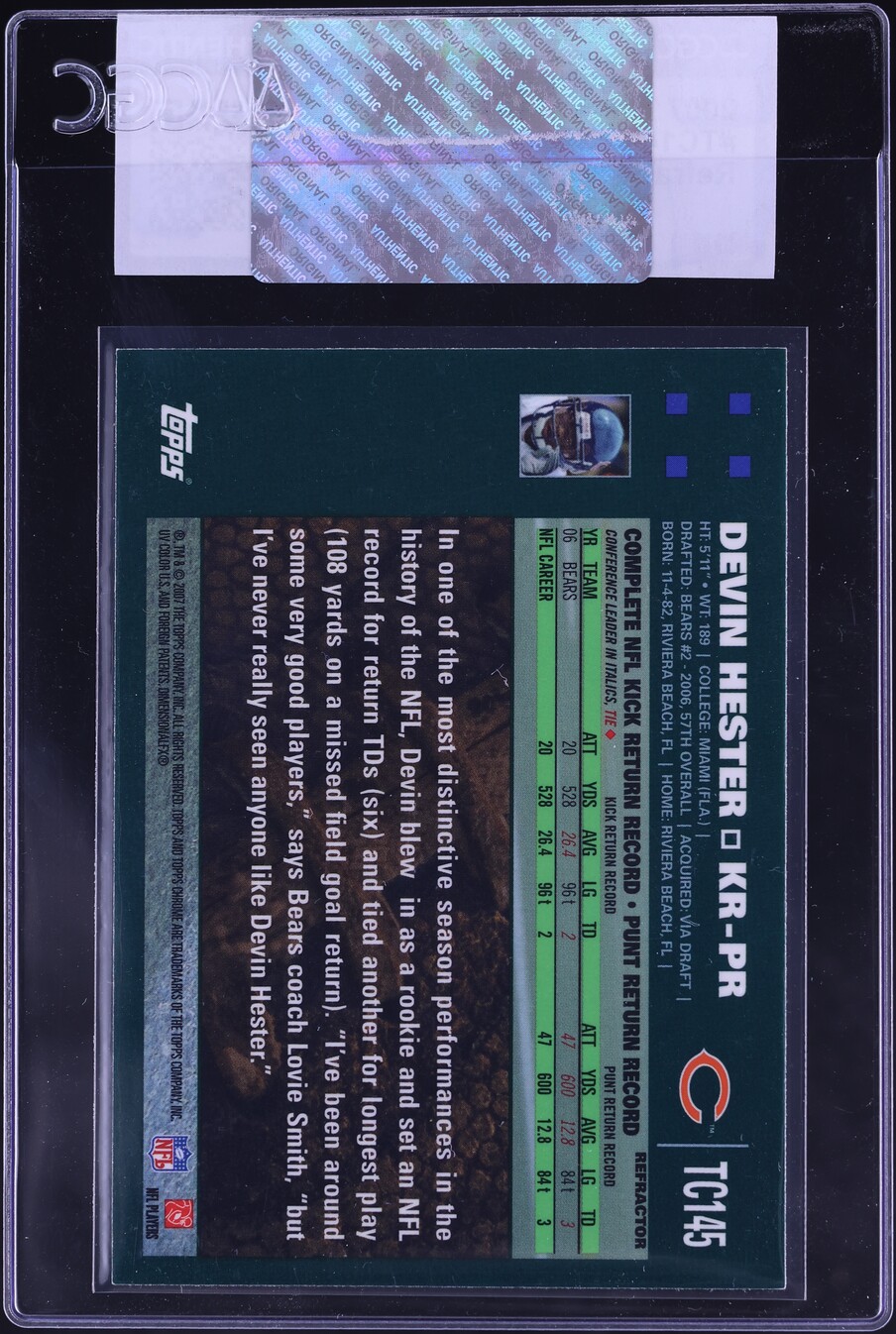 2007 Topps Chrome Refractor Devin Hester #TC145 CGC AUTH