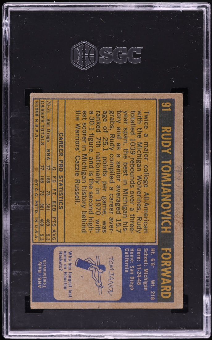 1971 Topps Basketball Rudy Tomjanovich ROOKIE #91 SGC 3 VG