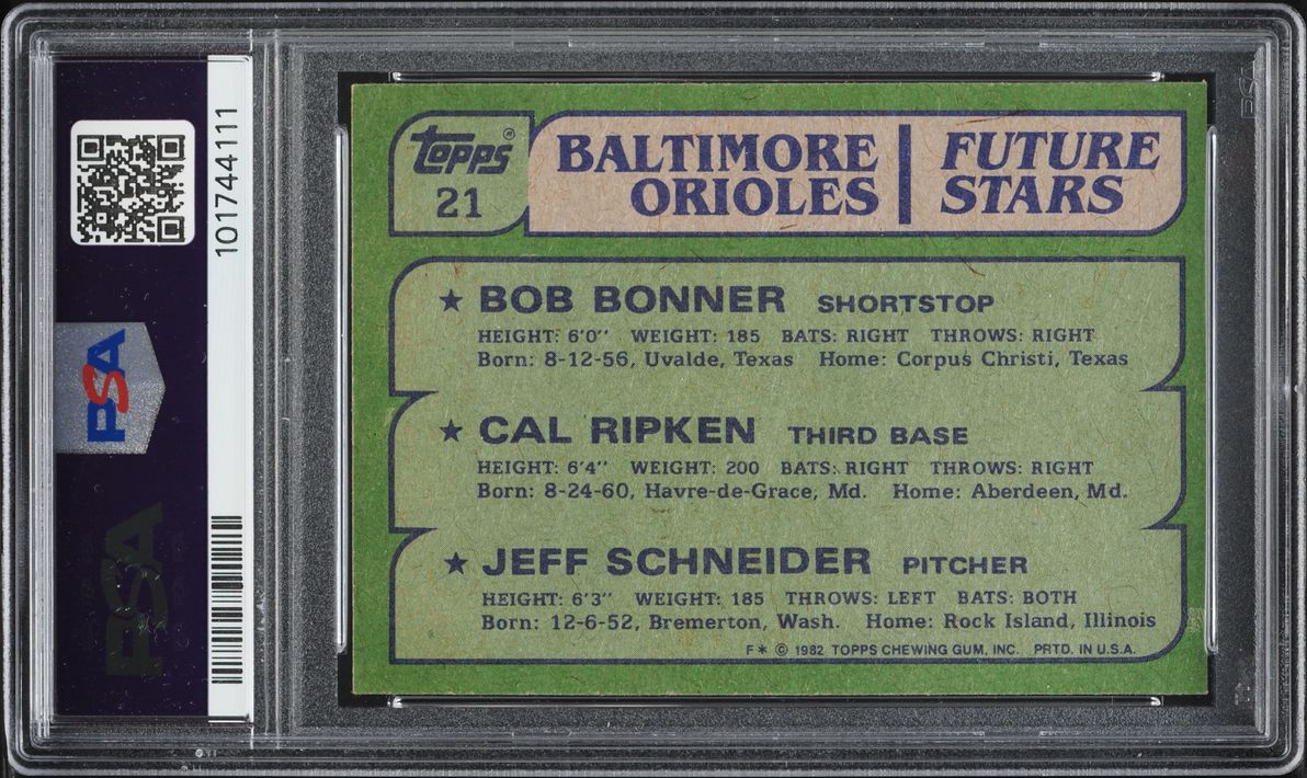 1982 Topps Orioles Future Stars Bob Bonner Jeff Schneider Cal Ripken Jr. ROOKIE #21 PSA 8 NM-MT
