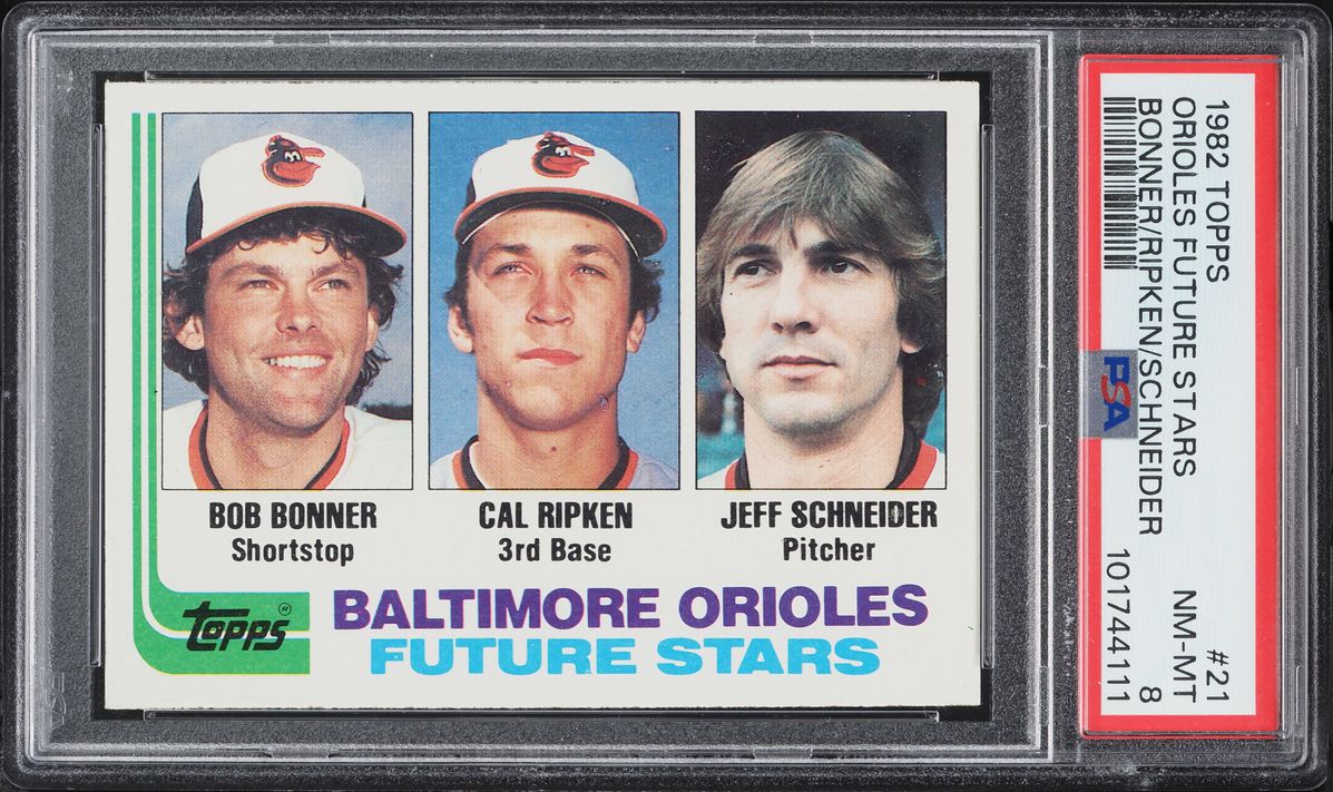 1982 Topps Orioles Future Stars Bob Bonner Jeff Schneider Cal Ripken Jr. ROOKIE #21 PSA 8 NM-MT