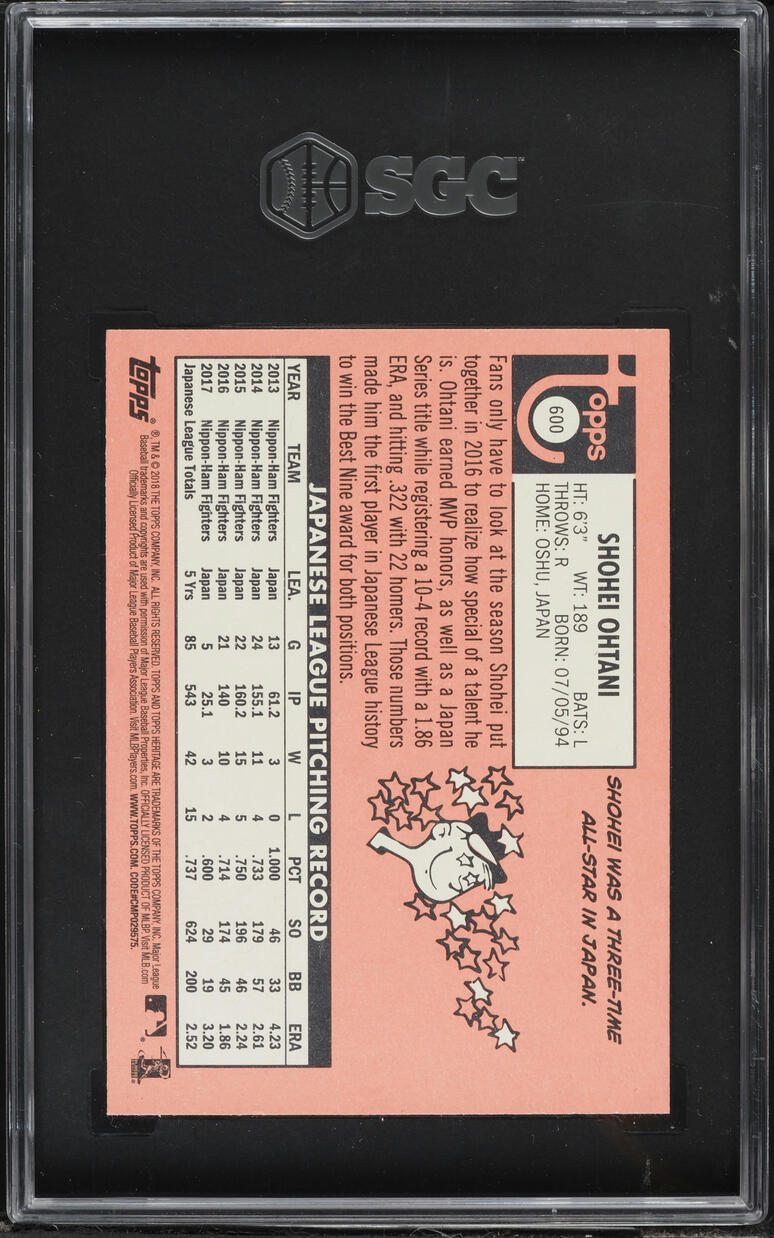 2018 Topps Heritage Shohei Ohtani ROOKIE #600 SGC 10 GEM MINT