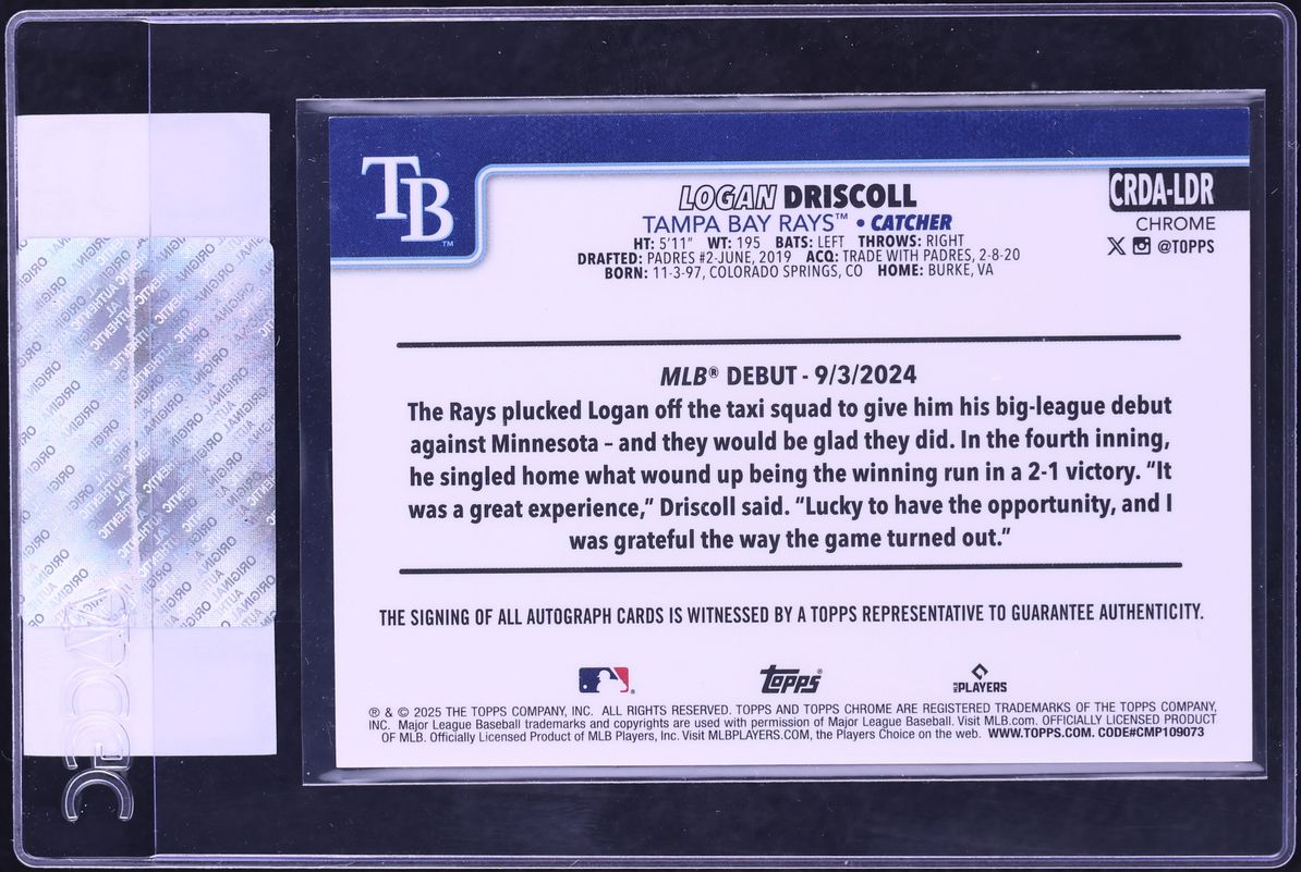 2025 Topps Chrome Update Debut Orange Refractor Logan Driscoll ROOKIE AUTO /25 CGC AUTH