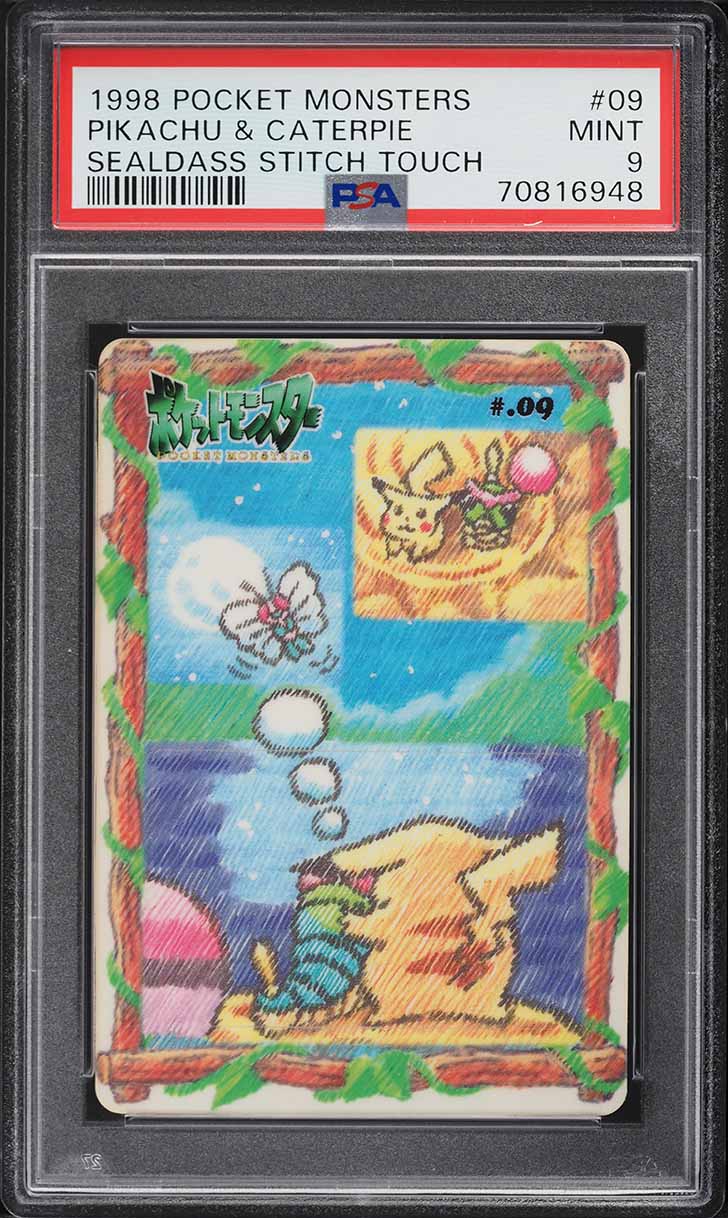 1998 Pokemon Japanese Sealdass Stitch Touch Pikachu & Caterpie PSA 9 MINT