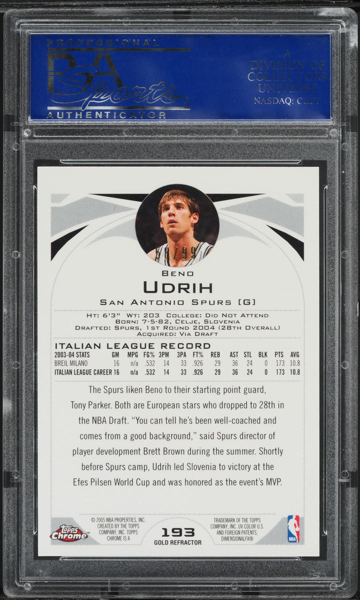 2004 Topps Chrome Gold Refractor Beno Udrih ROOKIE /99 #193 PSA 10 GEM MINT