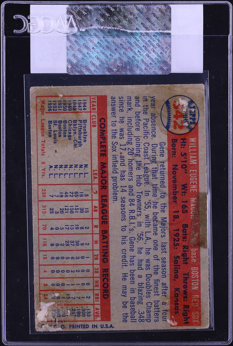 1957 Topps Gene Mauch #342 CGC AUTH