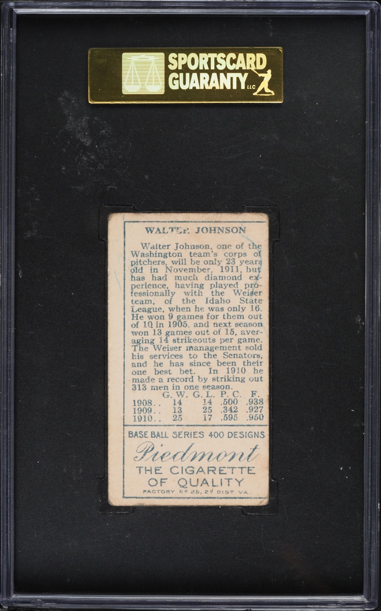 1911 T205 Gold Border Walter Johnson PIEDMONT SGC 3 VG