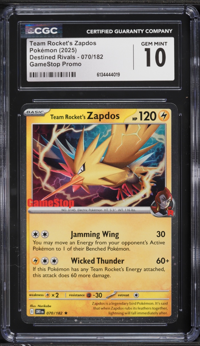 2025 Pokemon SV Destined Rivals GameStop Promo Team Rocket's Zapdos #70 CGC 10 GEM MINT