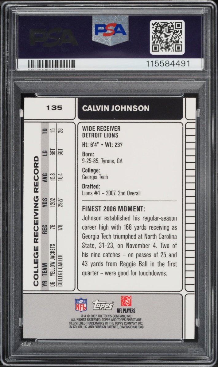 2007 Finest Football Calvin Johnson ROOKIE #135 PSA 10 GEM MINT