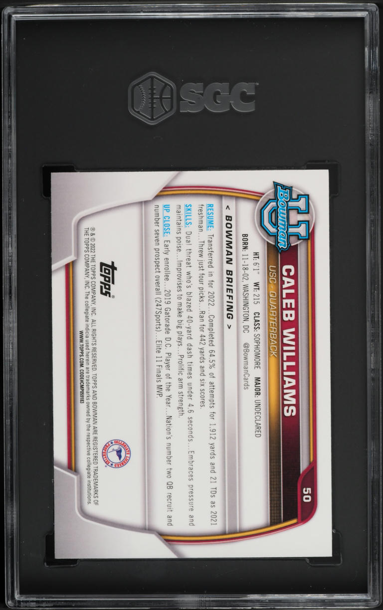 2022 Bowman Chrome University Caleb Williams ROOKIE #50 SGC 10 GEM MINT