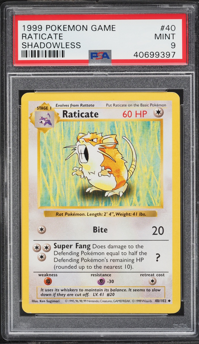 1999 Pokemon Base Set Shadowless Raticate #40 PSA 9 MINT