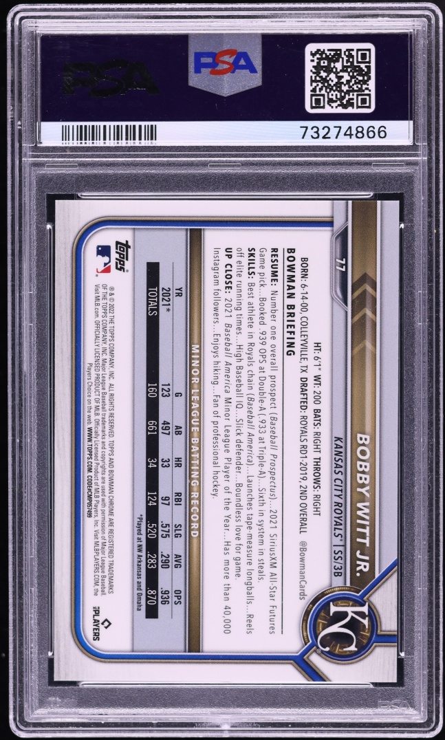 2022 Bowman Chrome Sapphire Edition Yellow Bobby Witt Jr. SP ROOKIE /50 #77 PSA 10 GEM MINT - Photo 2