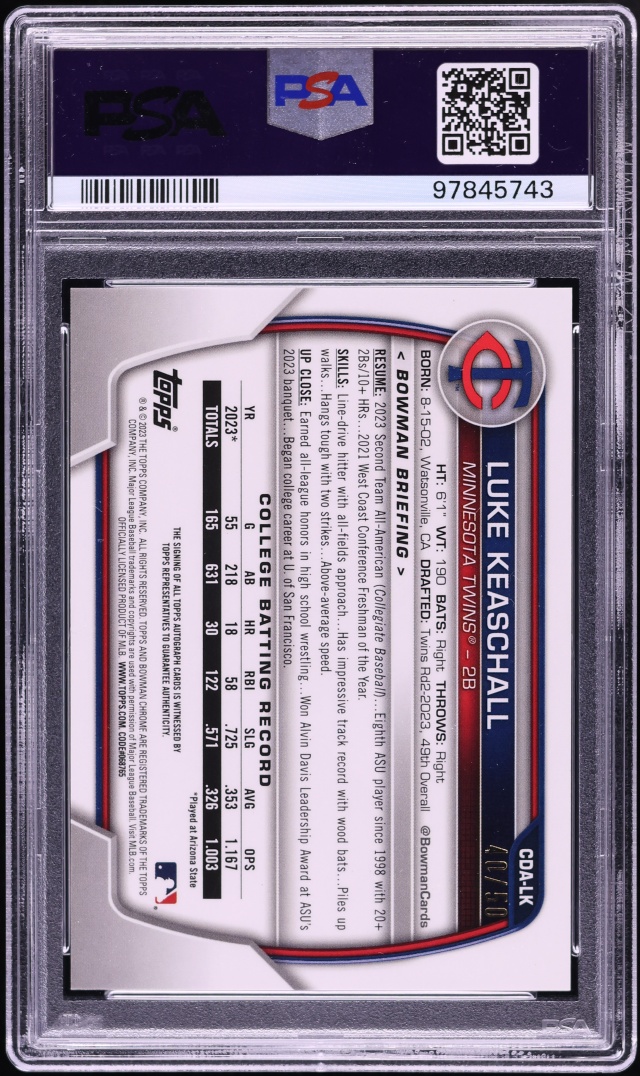 2023 Bowman Chrome Draft Sapphire Gold Luke Keaschall PROSPECT AUTO /50 #CDA-LK PSA 8 NM-MT - Photo 2