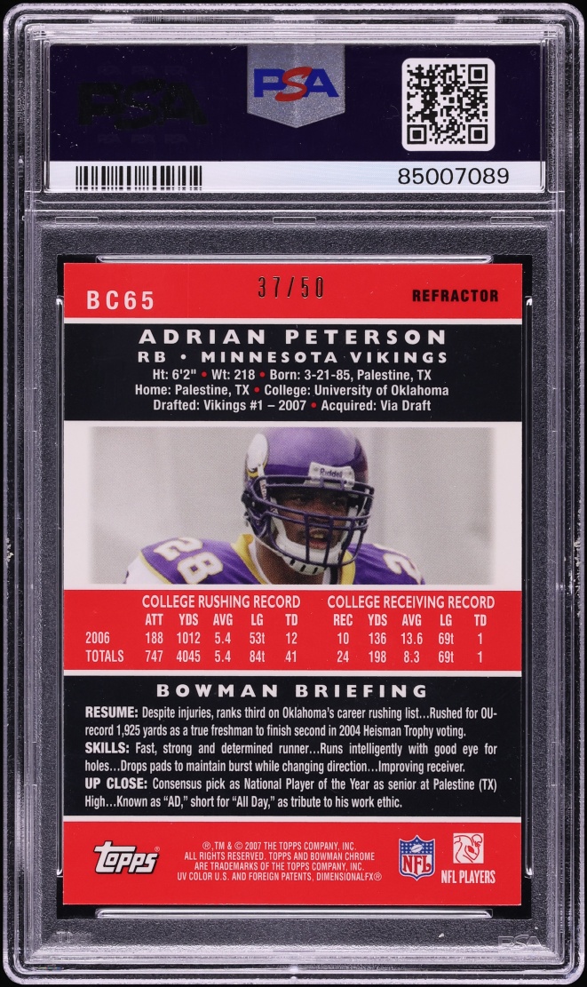 2007 Bowman Chrome Gold Refractor Adrian Peterson ROOKIE /50 #BC65 PSA 10 GEM MINT - Photo 2