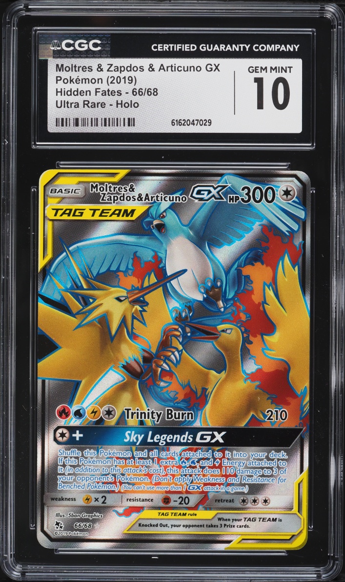 2019 Pokemon Sun & Moon Hidden Fates Full Art Moltres & Zapdos & Articuno GX #66 CGC 10 GEM