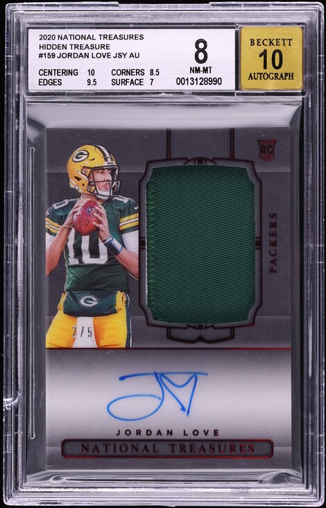 2020 National Treasures Hidden Treasure Jordan Love ROOKIE PATCH AUTO /5 #159 BGS 8 NM-MT