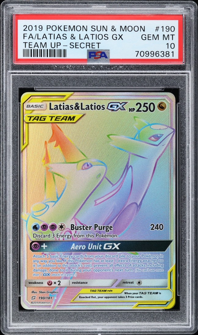2019 Pokemon Sun & Moon Team Up Rainbow Rare Latias & Latios GX #190 PSA 10 GEM MINT