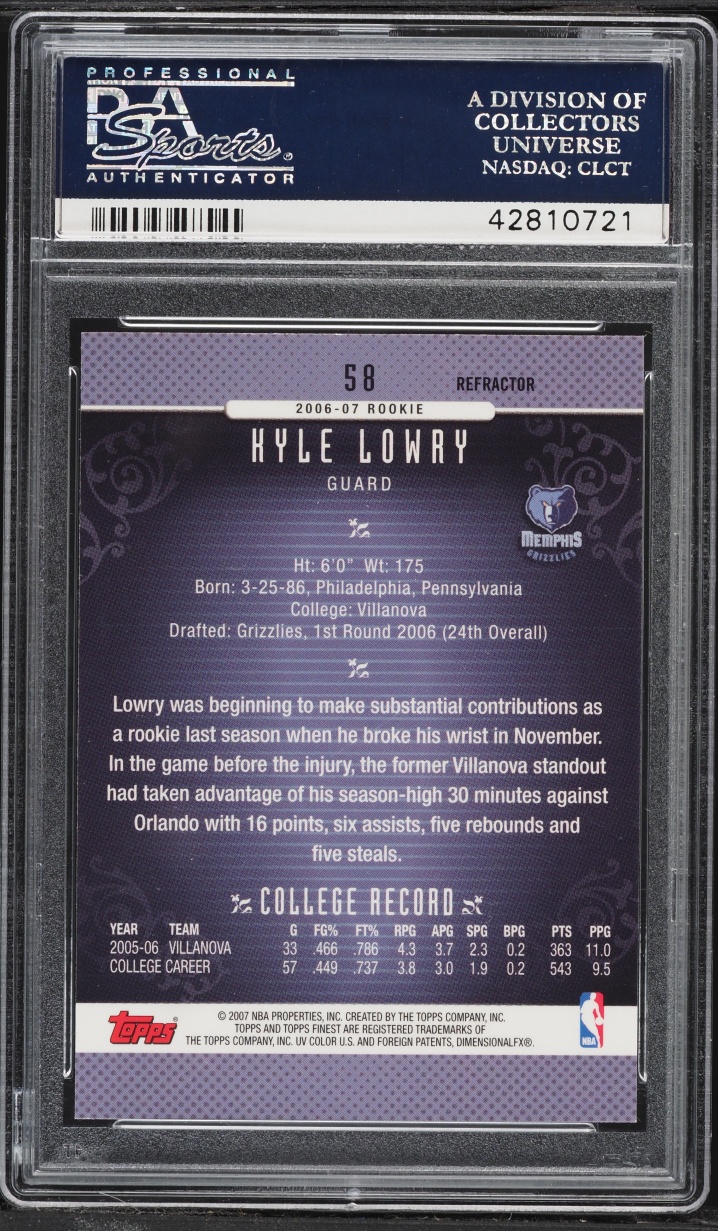 2006 Finest Refractor Kyle Lowry ROOKIE #58 PSA 10 GEM MINT