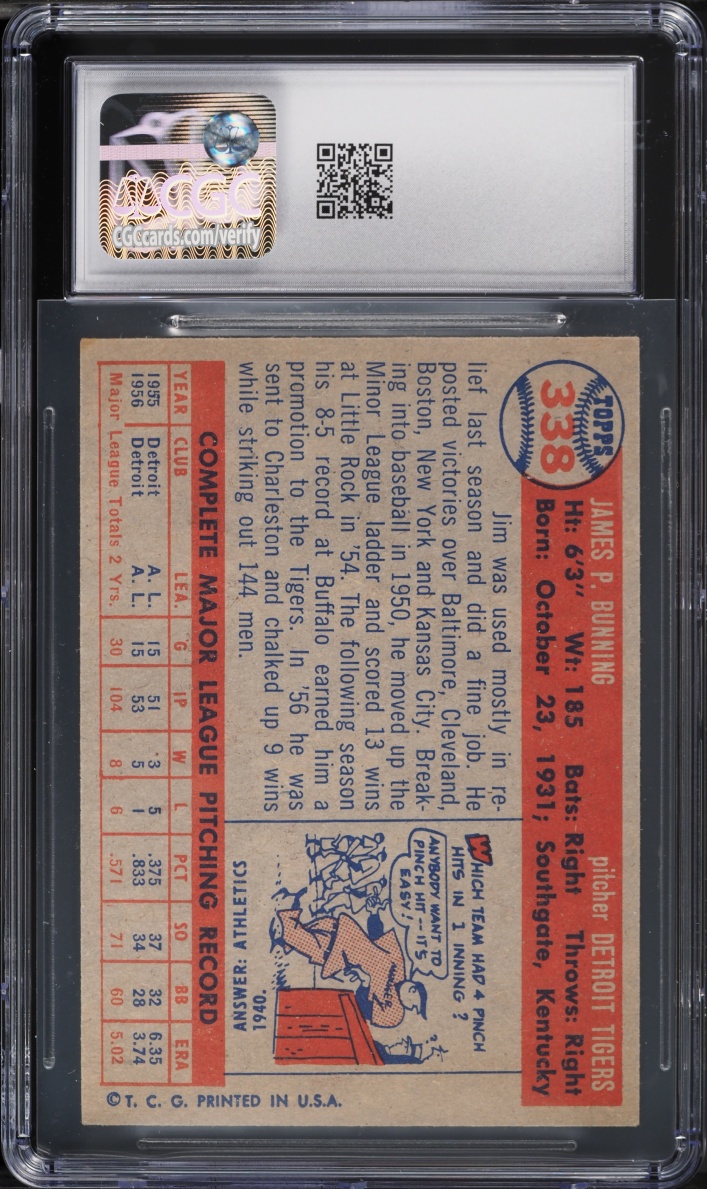1957 Topps Jim Bunning ROOKIE #338 CGC 5 EX