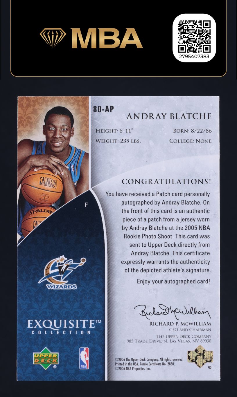 2005 Exquisite Collection Gold Andray Blatche ROOKIE PATCH AUTO /32 #80-AP MBA AUTH