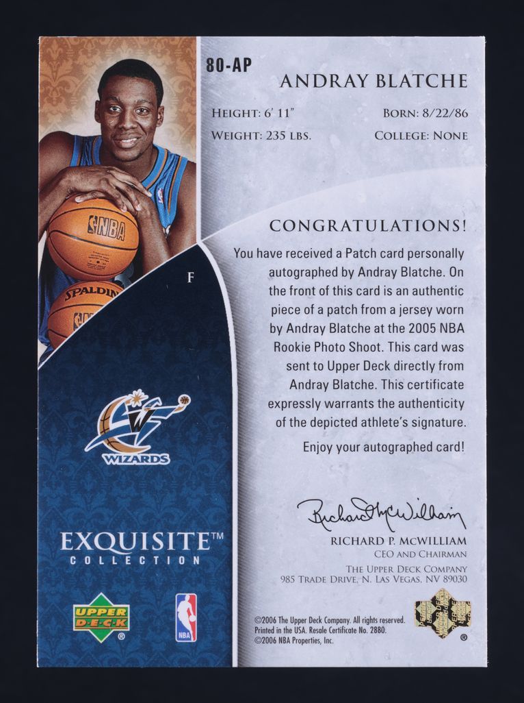 2005 Exquisite Collection Gold Andray Blatche ROOKIE PATCH AUTO /32 #80-AP MBA AUTH