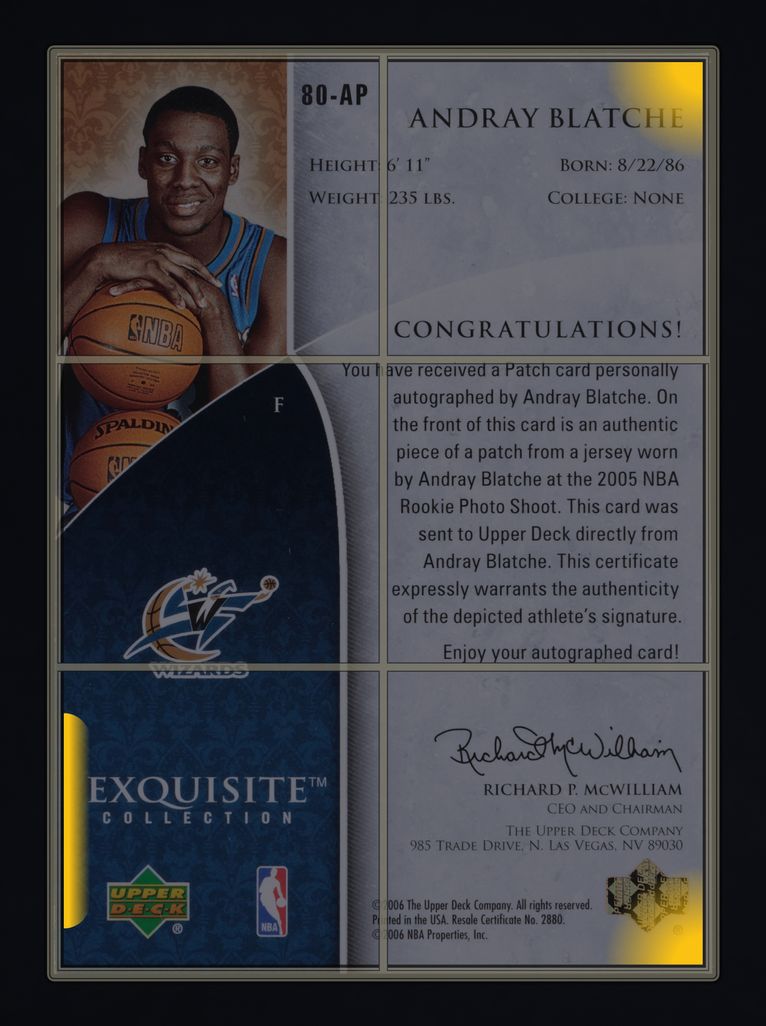2005 Exquisite Collection Gold Andray Blatche ROOKIE PATCH AUTO /32 #80-AP MBA AUTH