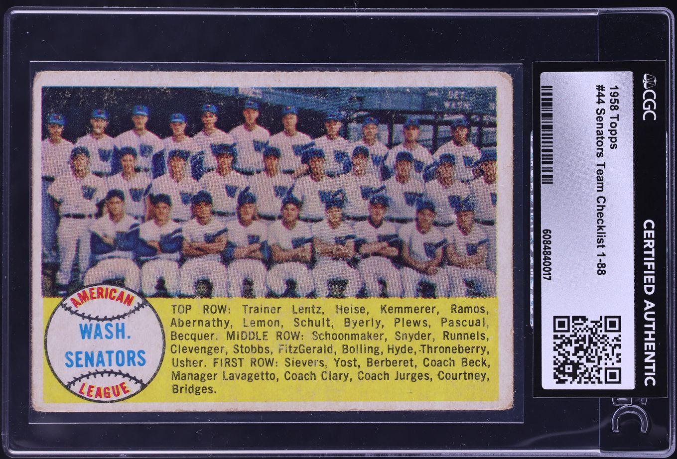 1958 Topps Senators Team Checklist 1-88 #44 CGC AUTH