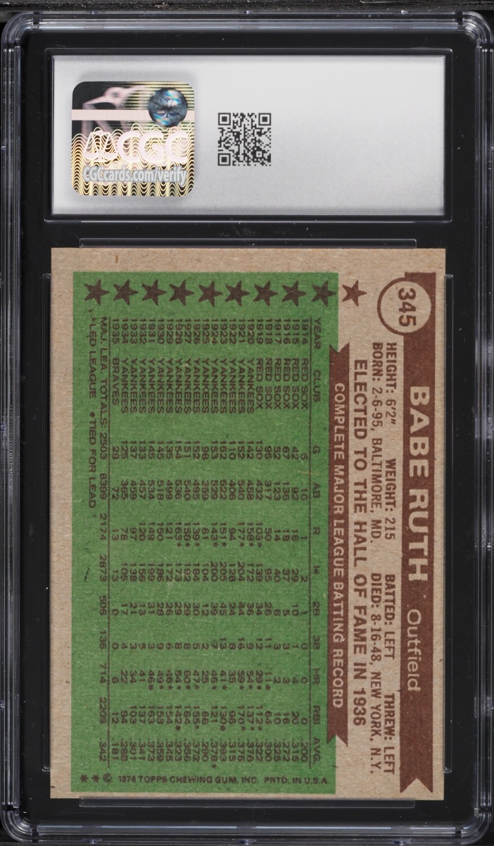 1976 Topps Babe Ruth ALL-TIME ALL-STARS #345 CGC 7.5 NRMT+