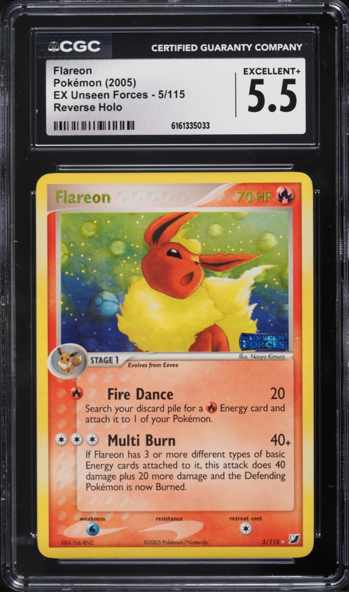 2005 Pokemon EX Unseen Forces Reverse Holo Flareon #5 CGC 5.5 EX+