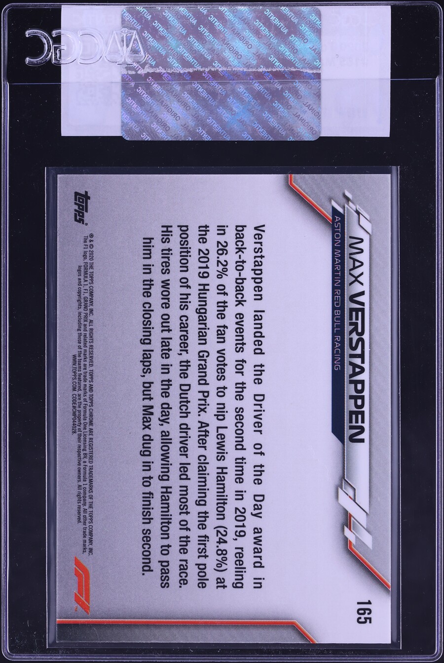 2020 Topps Chrome Formula 1 Max Verstappen #165 CGC AUTH