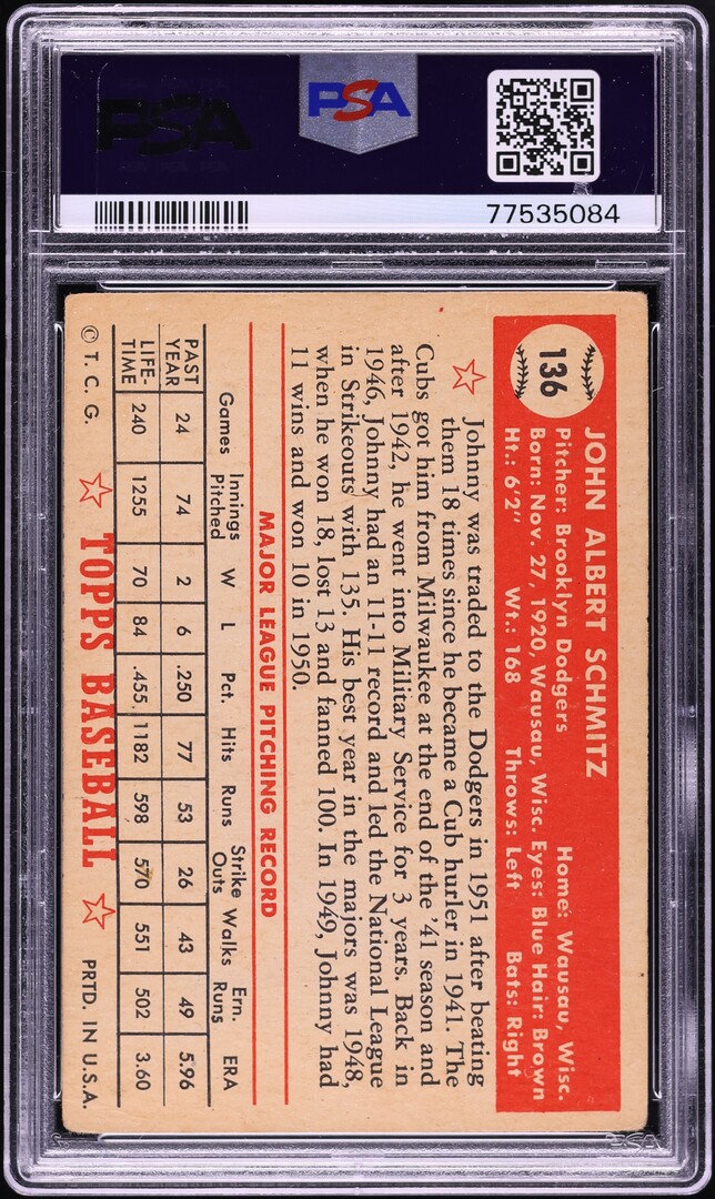 1952 Topps Johnny Schmitz #136 PSA 3 VG