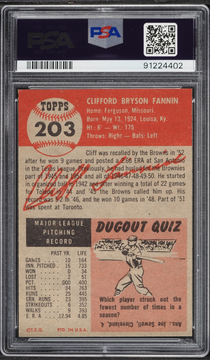 1953 Topps Cliff Fannin #203 PSA 7 NRMT