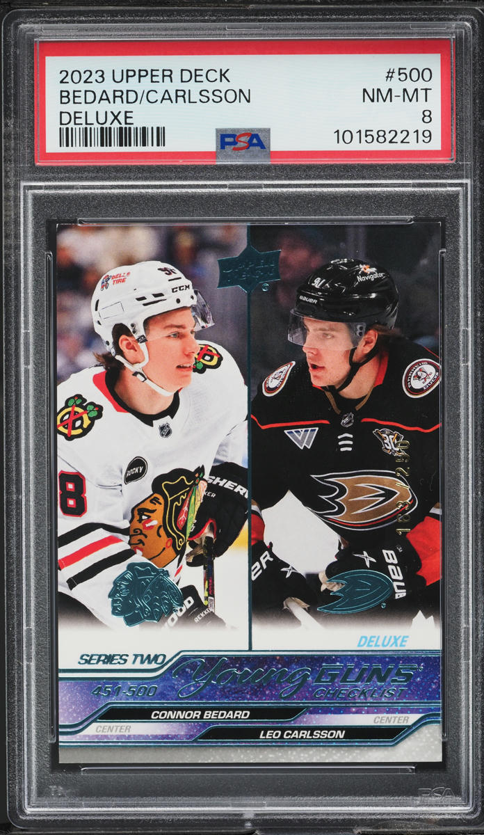 2023 Upper Deck Deluxe Young Guns Leo Carlsson Connor Bedard ROOKIE #500 PSA 8
