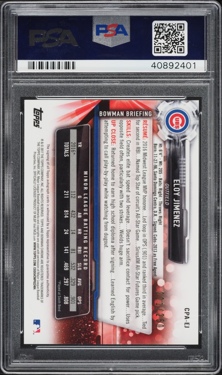 2017 Bowman Chrome Purple Refractor Eloy Jimenez PROSPECT AUTO /250 #CPA-EJ PSA 10 GEM MINT