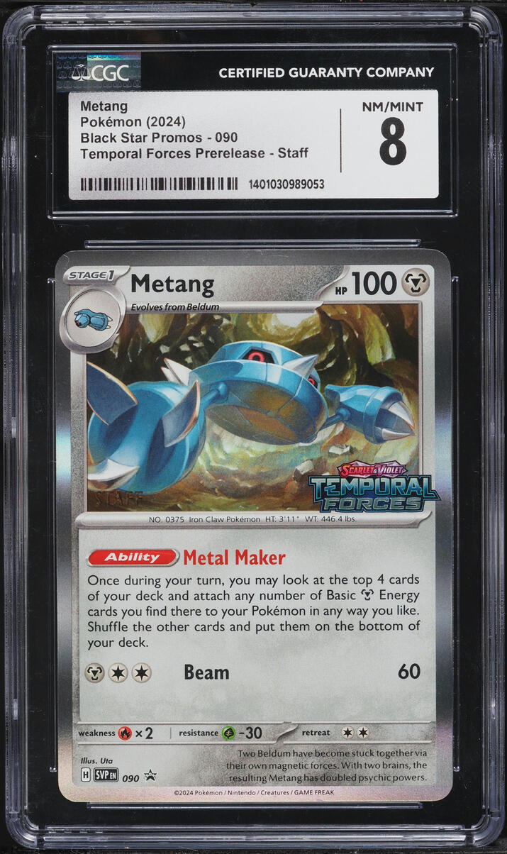 2024 Pokemon SV Black Star Promo Temporal Forces Prerelease Staff Metang #090 CGC 8 NM-MT