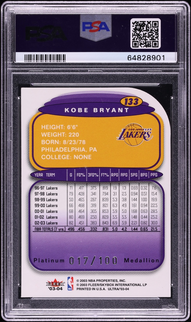 2003 Ultra Platinum Medallion Die-Cut Kobe Bryant /100 #133 PSA 8 NM-MT