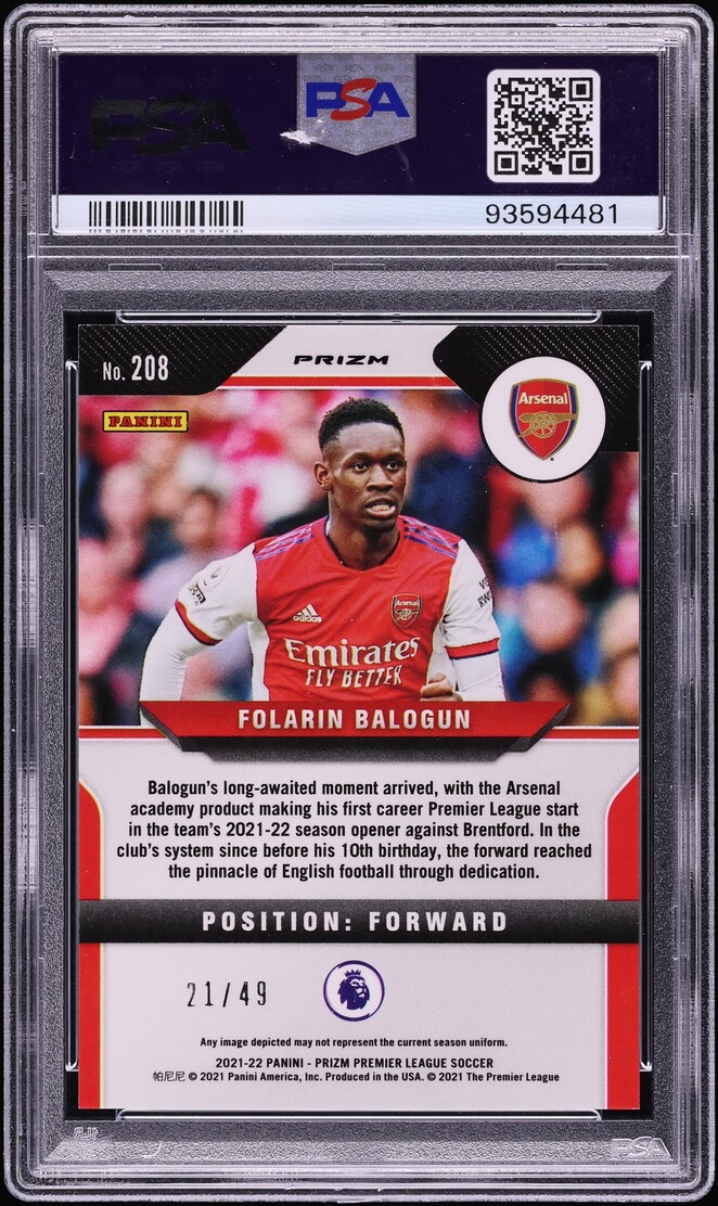 2021 Panini Prizm Premier League Teal Breakaway Folarin Balogun ROOKIE /49 #208 PSA 10 GEM MINT