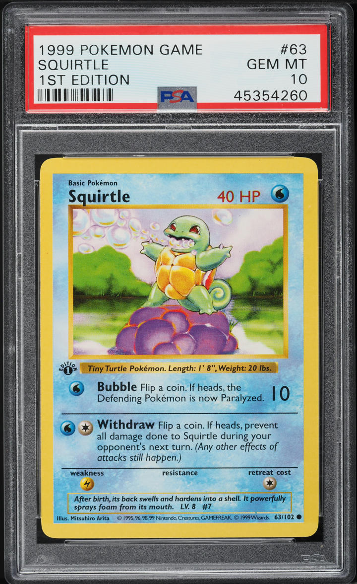1999 Pokemon Base Set Shadowless 1st Edition Squirtle #63 PSA 10 GEM MINT