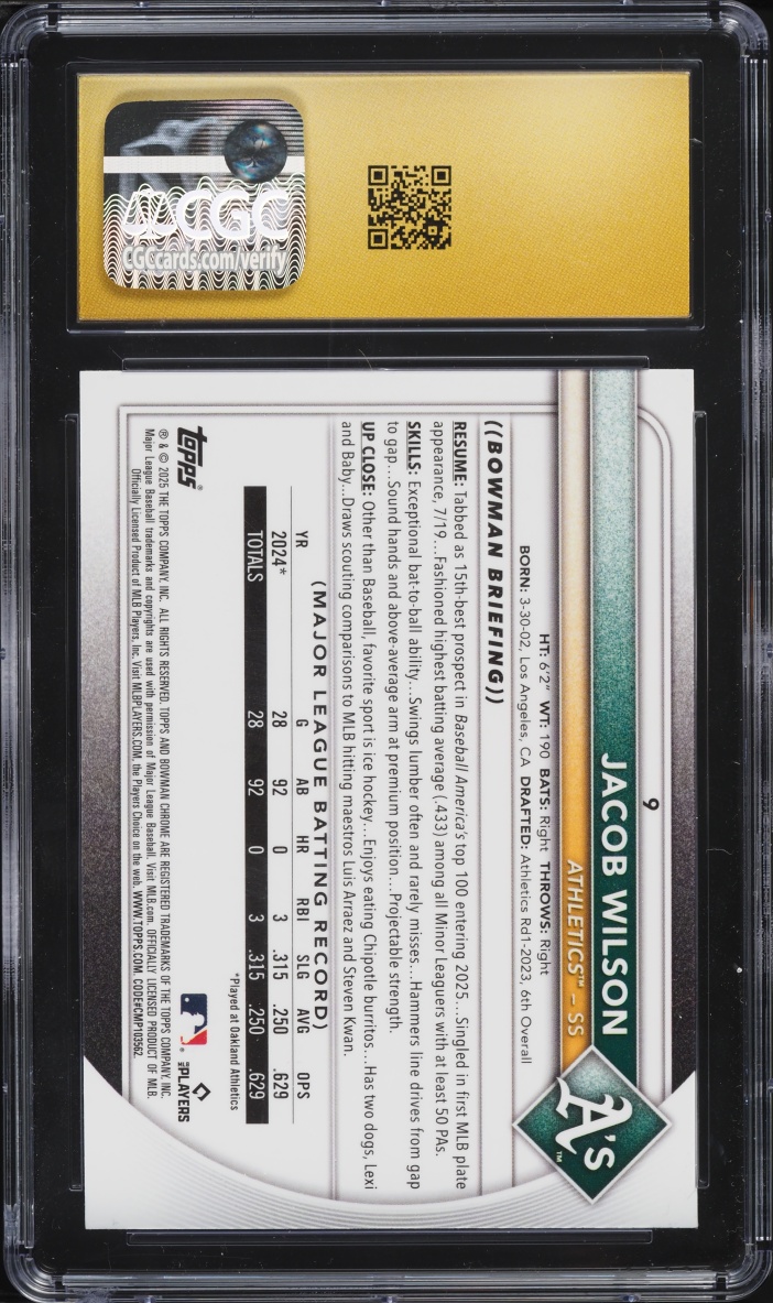 2025 Bowman Chrome Mega Box Jacob Wilson ROOKIE #9 CGC 10 PRISTINE