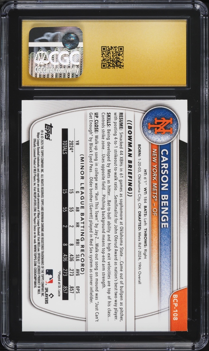 2025 Bowman Chrome Reptilian Refractor Carson Benge PROSPECT #BCP-108 CGC 10 PRISTINE