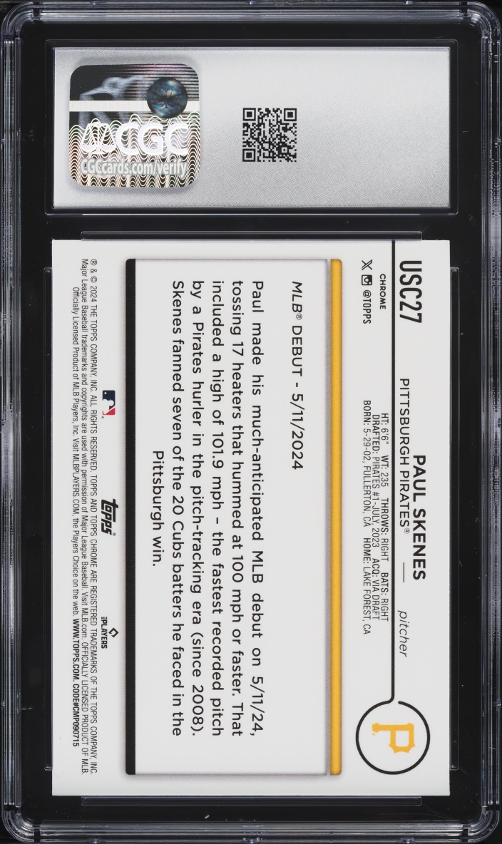 2024 Topps Chrome Update Paul Skenes ROOKIE #USC27 CGC 10 GEM MINT