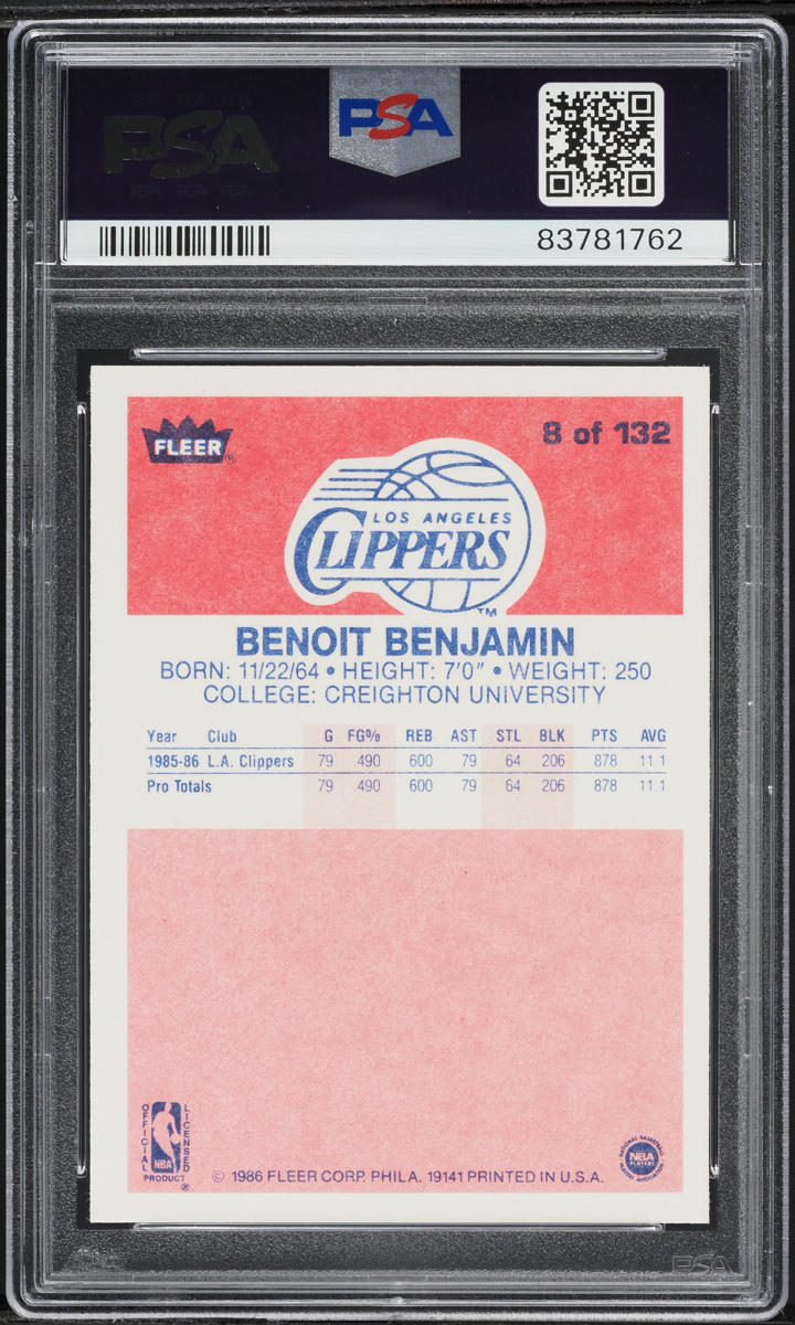 1986 Fleer Basketball Benoit Benjamin ROOKIE #8 PSA 9 MINT