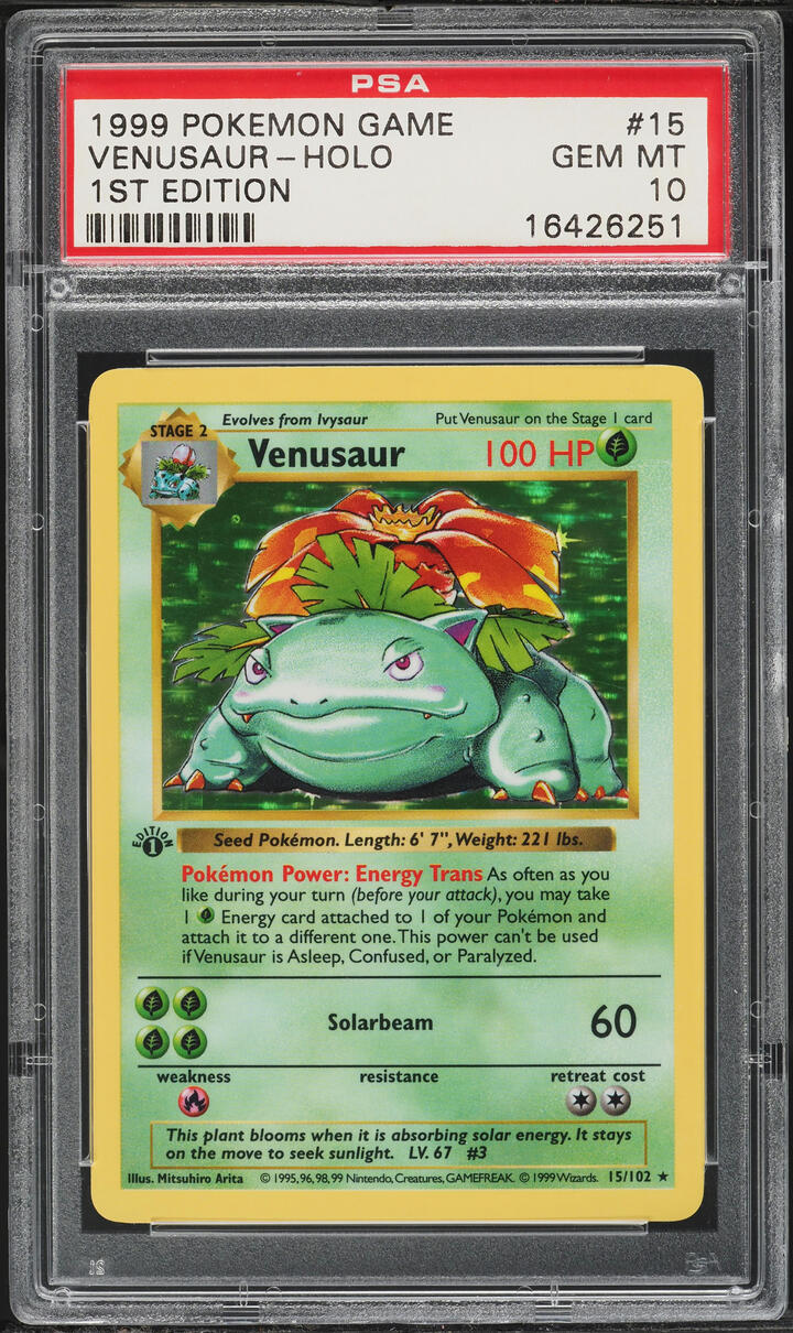 1999 Pokemon Base Set Shadowless 1st Edition Holo Venusaur #15 PSA 10 GEM MINT