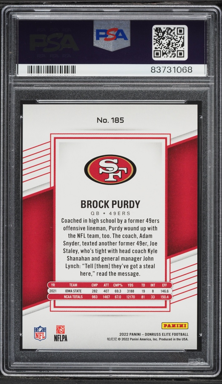 2022 Donruss Elite Status Explosion Brock Purdy ROOKIE /499 #185 PSA 10 GEM MINT