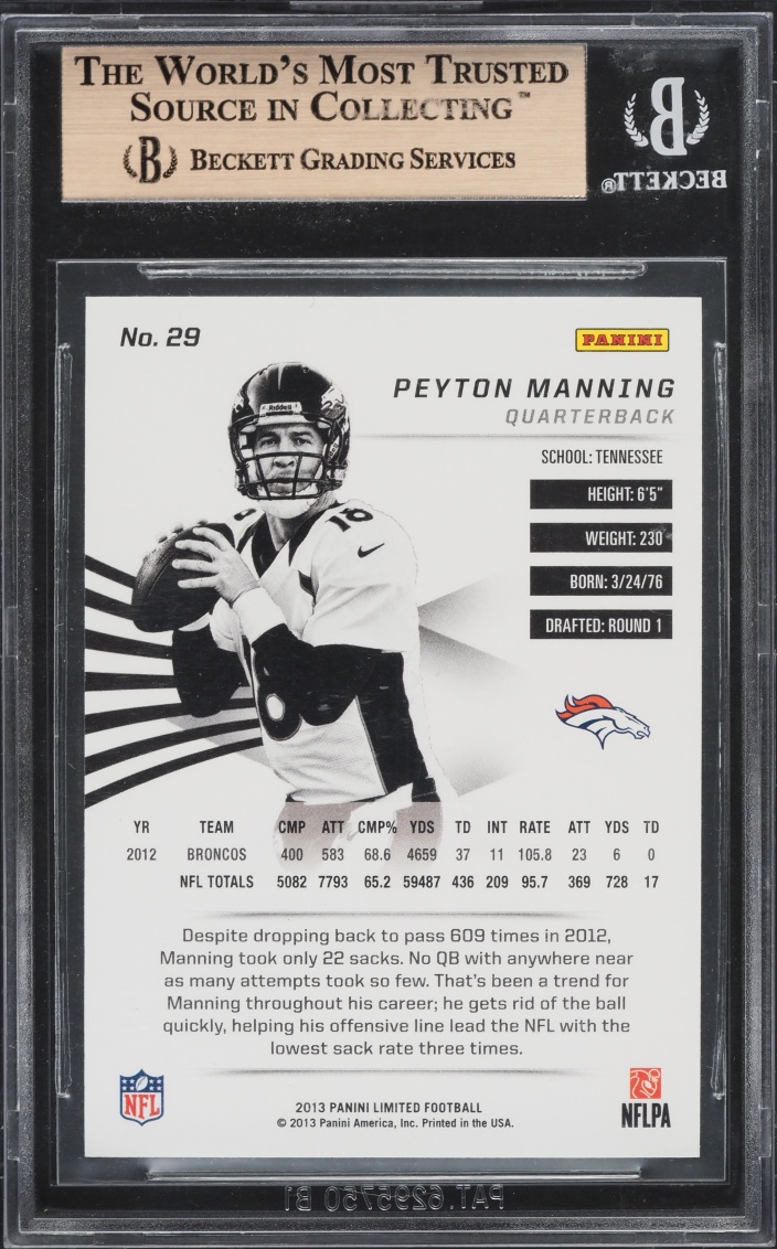 2013 Panini Limited Black Spotlight Peyton Manning 1/1 #29 BGS 9.5 GEM MINT - Photo 2