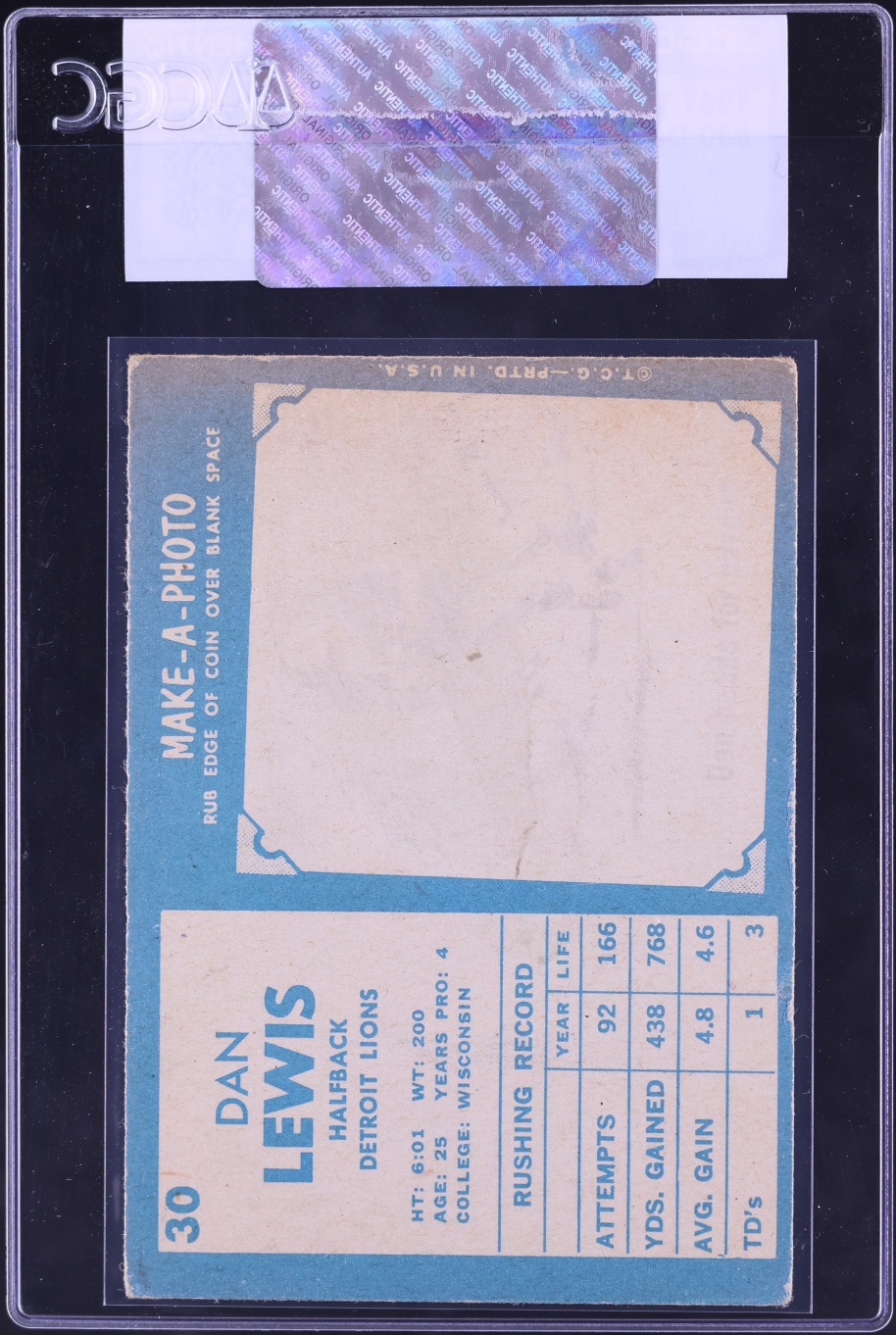 1961 Topps Football Dan Lewis #30 CGC AUTH