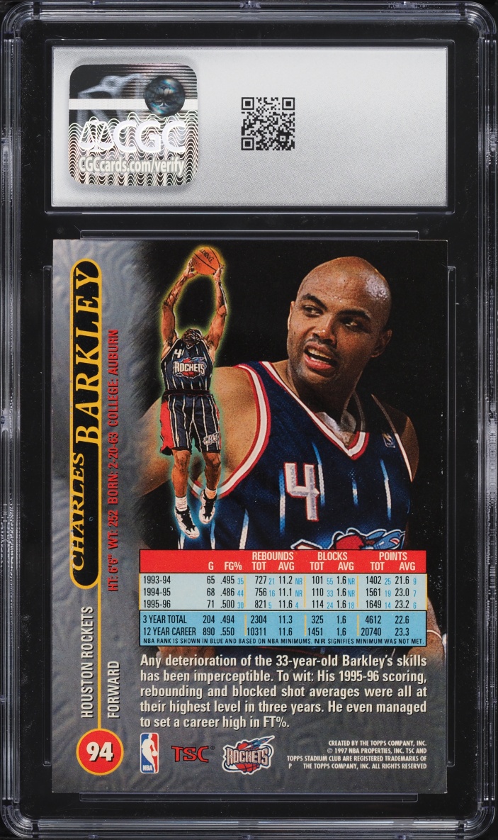 1996 Stadium Club Charles Barkley #94 CGC 7 NRMT